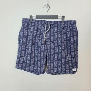 Katin Mens Blue White Tiki Mug Tropical Print Swim Trunks Mesh Lined Size XL